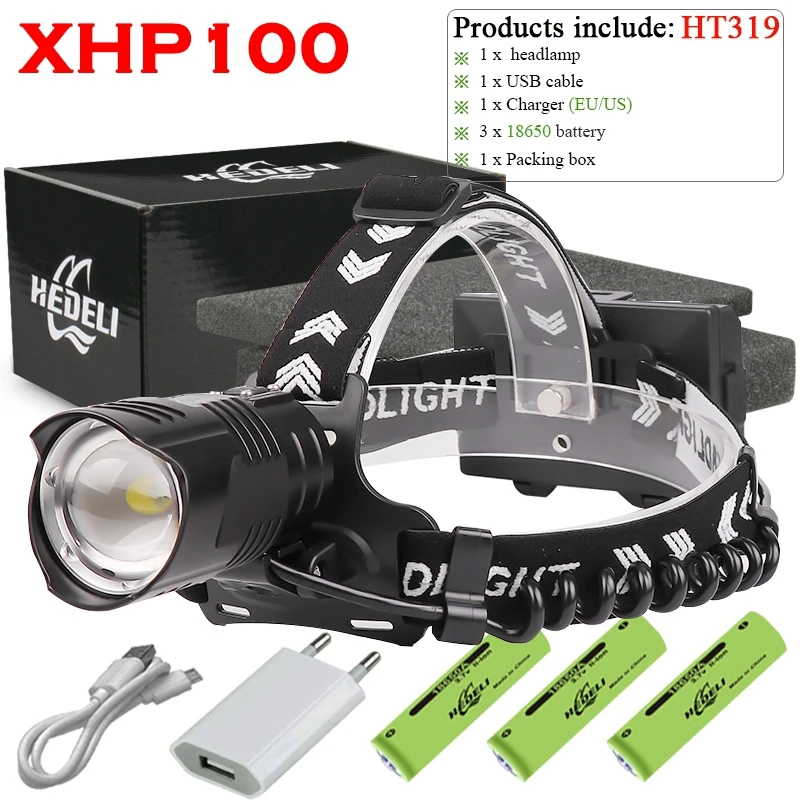 Суперъяркий налобный фонарь XHP100 светодиодный с аккумулятором XHP90.2 Мощный usb для