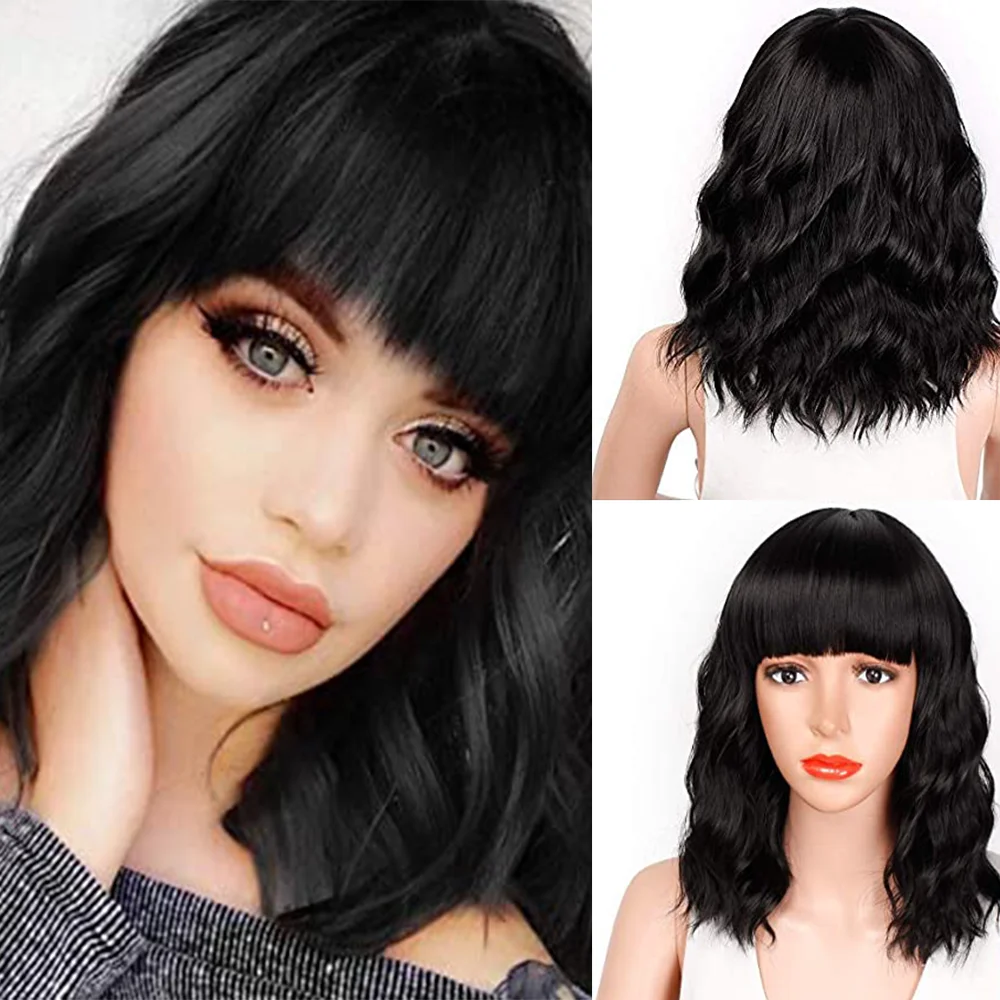 

FGY Ladies Natural Bob Short Wig With Bangs Black Natural Brazilian Curly Hair Synthetic Wig Daily Wear Cosplay Short Curly Hair