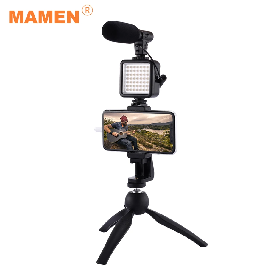 MAMEN Smartphone Vlogging Kits With Microphone Fill Light Tripod For Android/iOS Phones Professional Photography Studio Kits