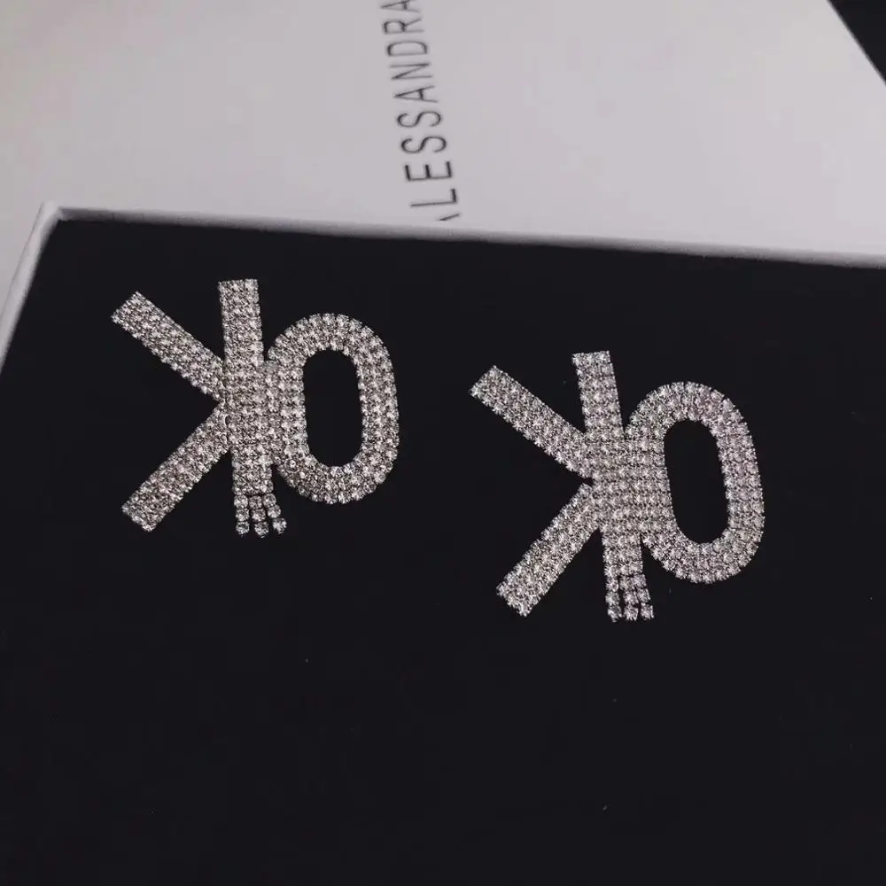 

2020 NEW Simple Women Temperament OK Earrings Shining Rhinestone Letter Office career Fashion insider Korean Charm