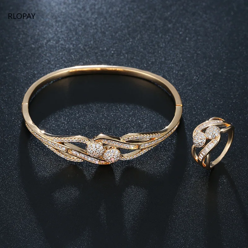 

Luxury Middle East Bangle Bracelet with Ring Sets Hollow-out Geometric Lines Cubic Zirconia Bangles for Women Free Shipping