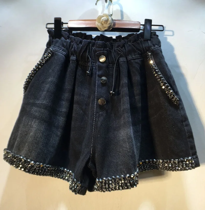 

Черные джинсовые шорты с бусинами и бриллиантами, женские эластичные облегающие короткие джинсы с высокой талией и широкими штанинами, чер...