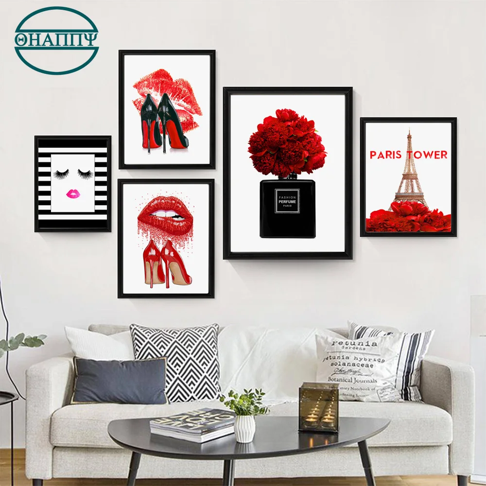 

Fashion Paris Perfume Red Lips Flower decoracion hogar moderno wall art canvas painting Pictures For Living Room Decor unframed