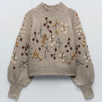 zaahonew new winter women sweater vintage long sleeve pullover chic flowers beaded harajuku knitted sweateres top femme