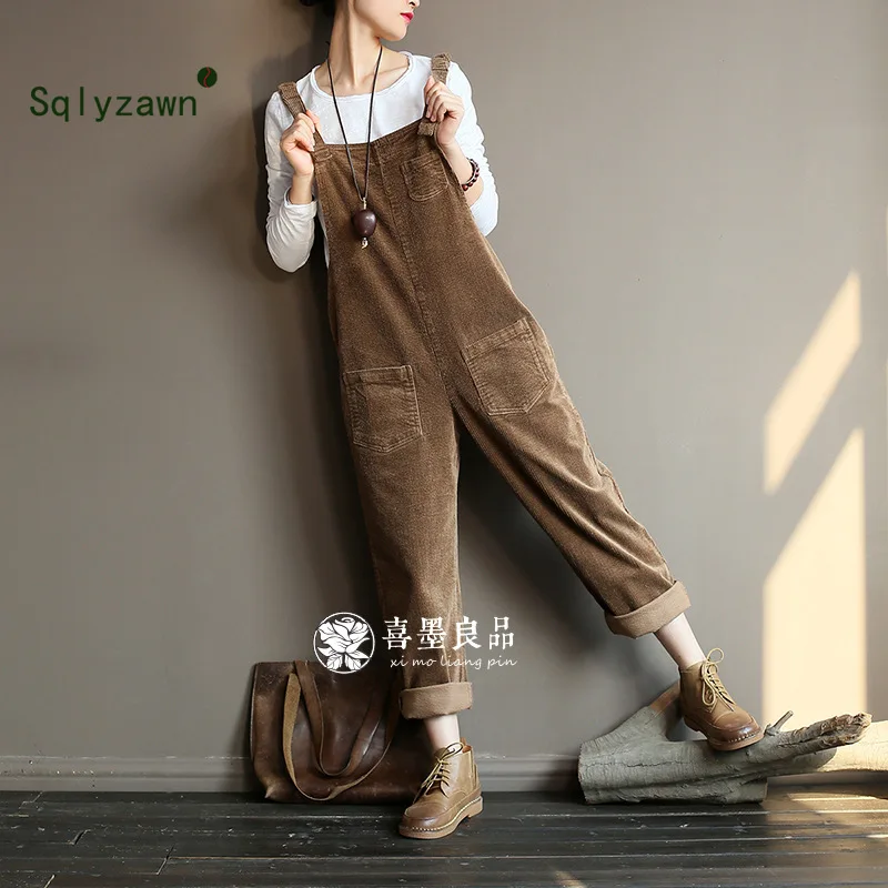 2019 Autumn Vintage Jumpsuits Overall Cotton Corduroy Pants Women Loose Strap Thick Warm Pocket Casual Romper |