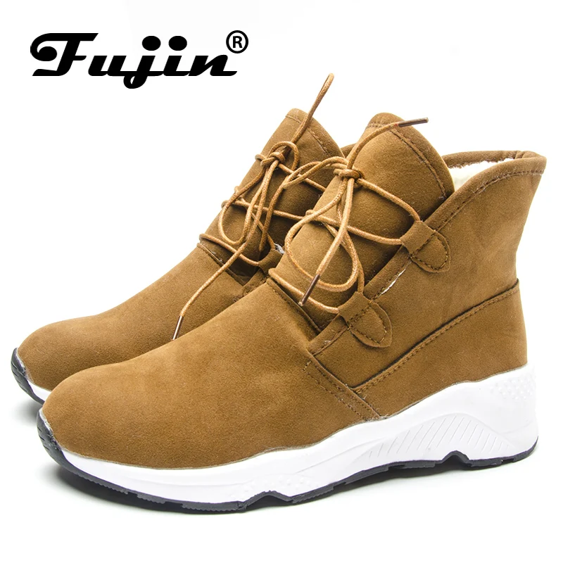Fujin/женские ботинки; Зимние Теплые ботильоны; ботинки на шнуровке; меховая плюшевая обувь; удобные зимние женские ботинки