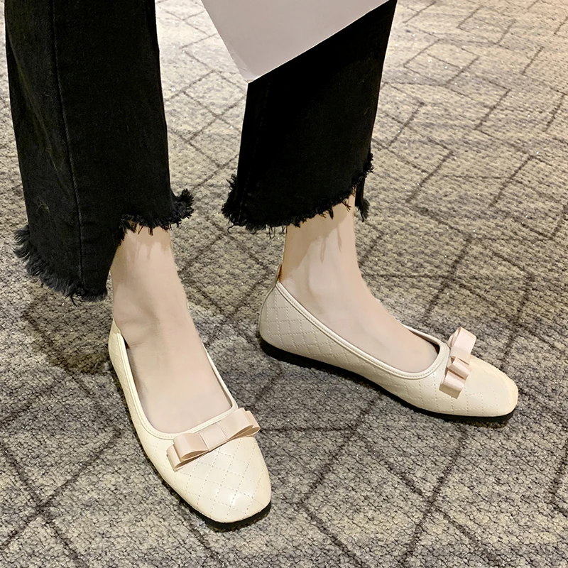 

2021 new women's shoes fashion, comfortable trendy, casual daily solid color PU rhombus small bow soft single shoes