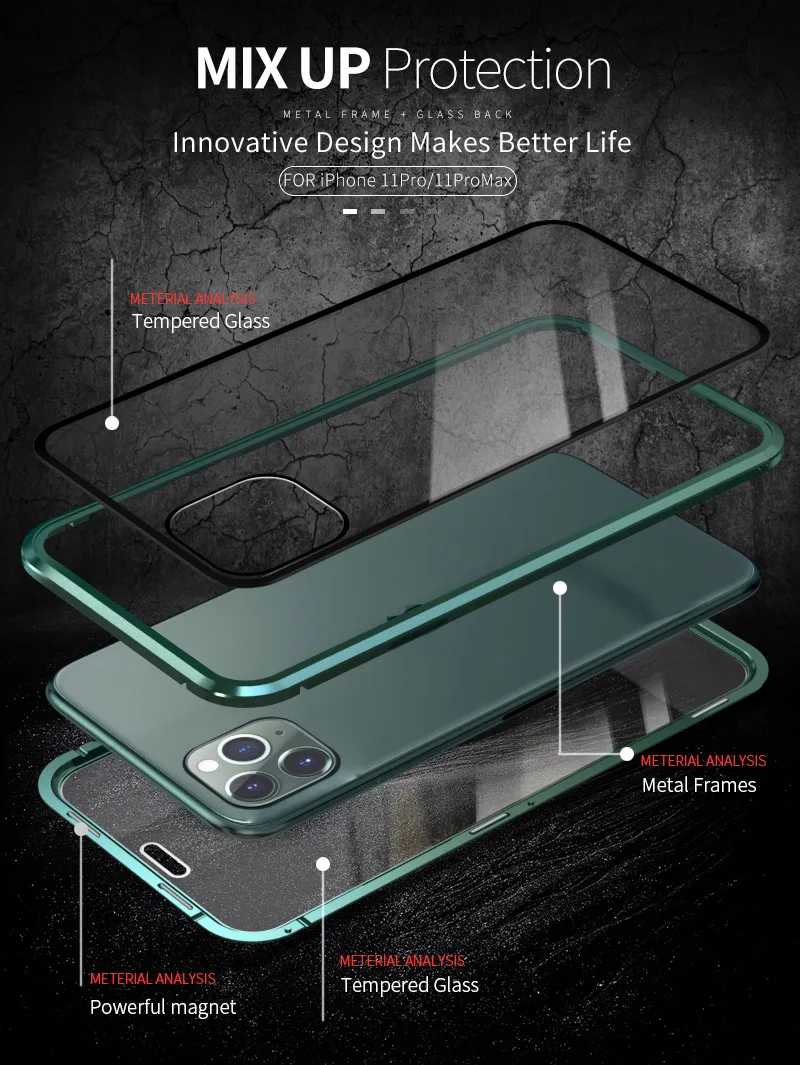 360 Защитный Магнитный чехол для iphone 11 Pro MAX Противоударная прозрачная стеклянная крышка металлическая рамка СПС iphone 11 Pro Роскошная Броня