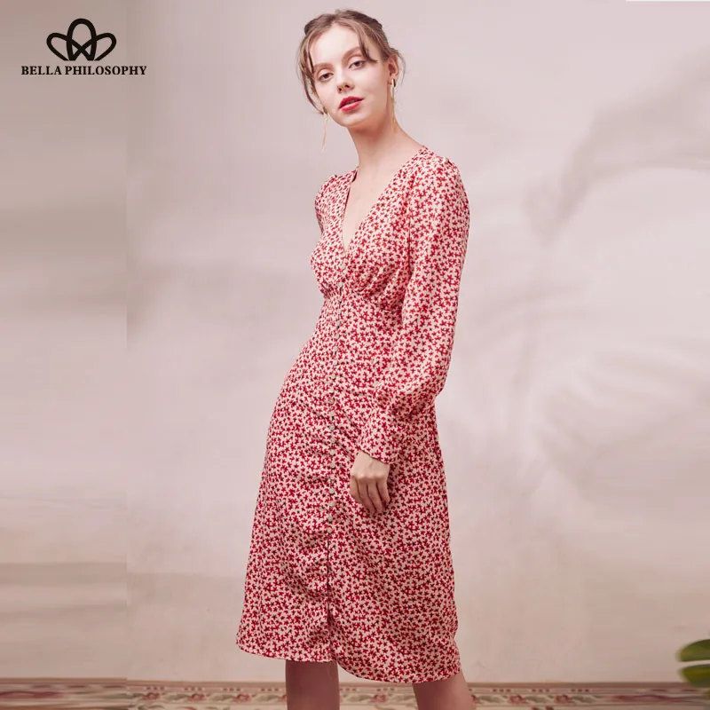 Женское винтажное платье-миди повседневное пляжное платье с длинным рукавом и