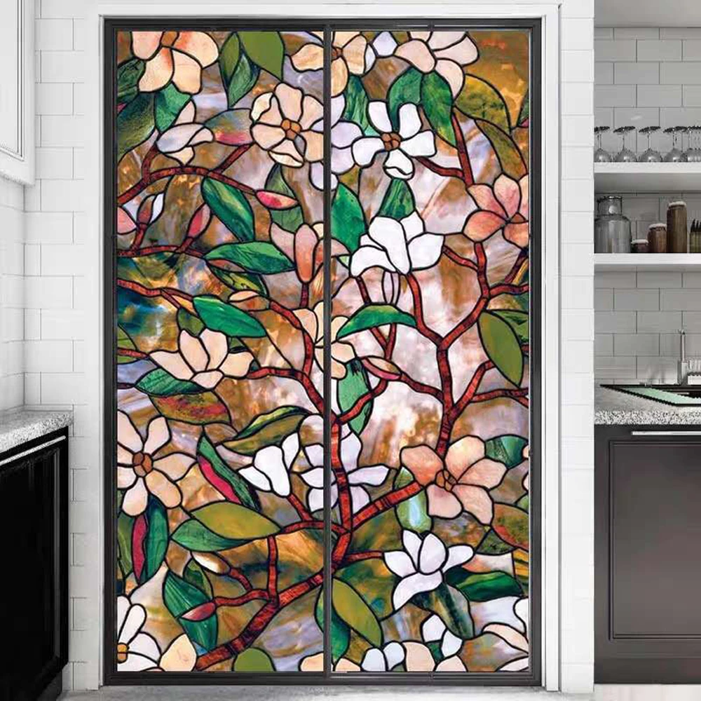 

Magnolia Window Film Privacy Non Adhesive Glass Sticker Sun Protection Heat Control Window Coverings for Homedecor