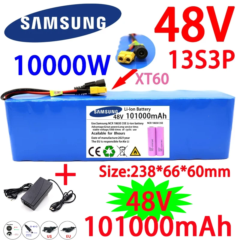 

New 54.6V E-Bike 48V 101000Mah 1000W 13S3P XT60 Lithium-Ion Battery Pack 101Ah For Electric Bicycle Scooter With BMS + Charger