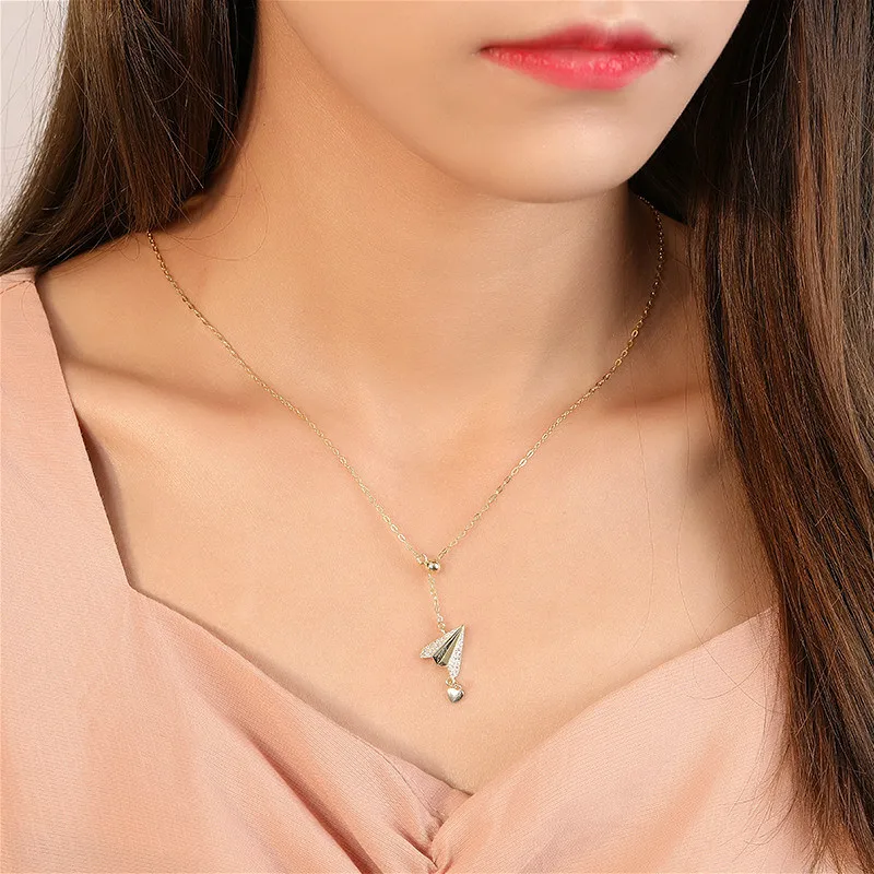 Форзац бумажный самолет сердце 18k золото ожерелье s & Кулоны Настоящее серебро 925