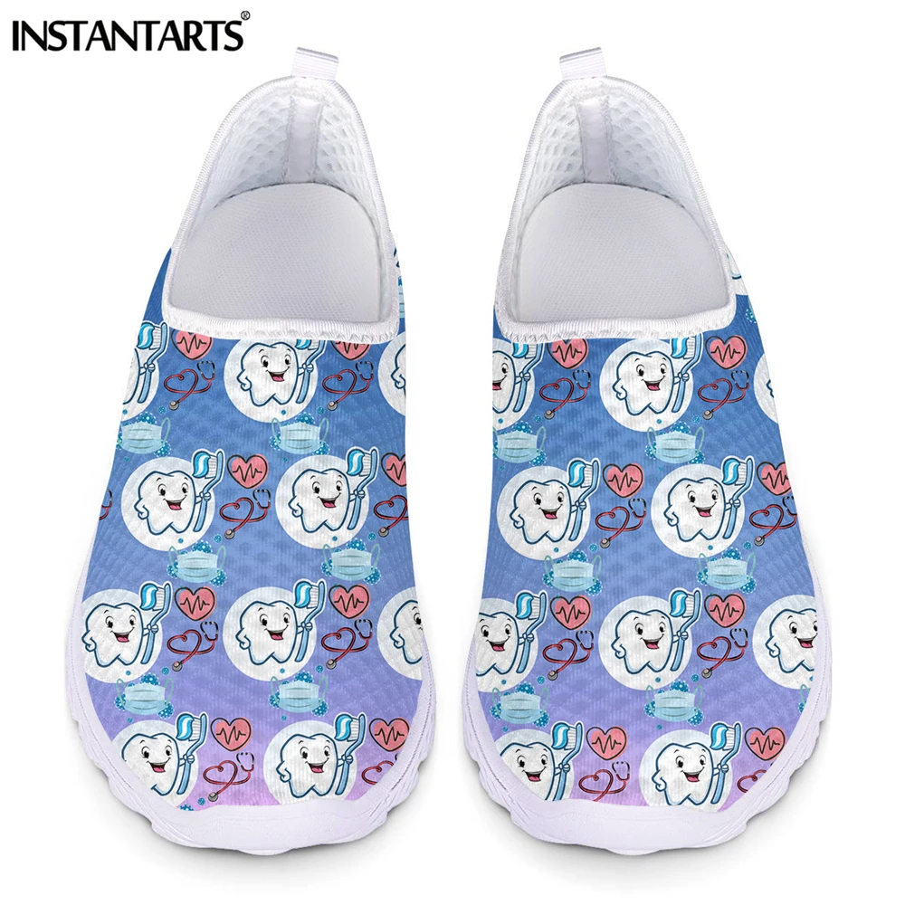 

INSTANTARTS Cute Dental Tooth With Toothbrush Cartoon Gradient Pattern Women Mesh Sneakers Breathable Slip-on Flat Shoes Hot