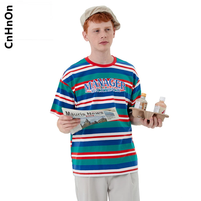 

Летняя футболка в стиле колледжа в полоску с надписью, костюм для пары контрастных цветов с коротким рукавом H1064