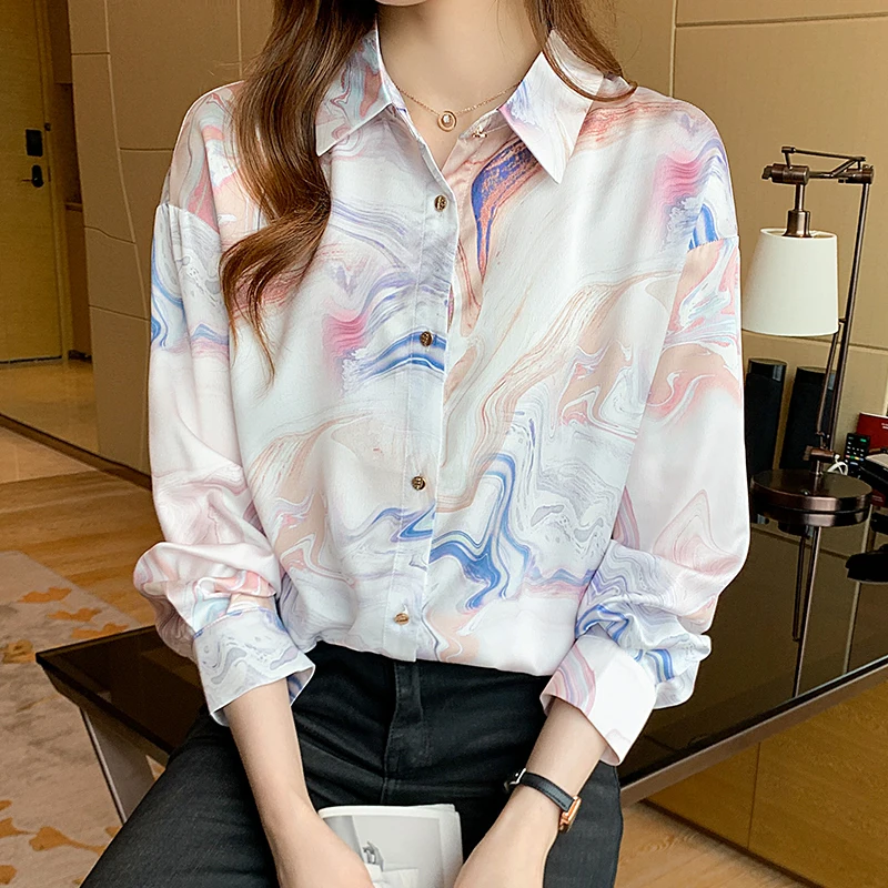 

COIGARSAM Shirt Womens Tops Autumn 2021 New Print Full Sleeve Chiffon Women Shirts