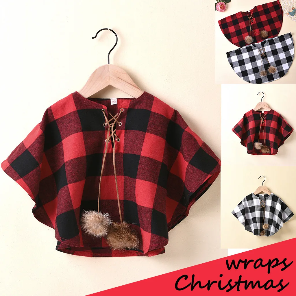 Toddler Coat Jacket Kids Baby Girls Plaid Pompon Winter Warm Outwear Cape Cloak Christmas Party Fashion Costume Overcoat | Детская