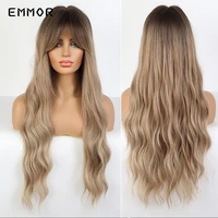 emmor long wavy wigs with bangs cosplay natural ombre brown light blonde synthetic hair for women high temperature fiber wig