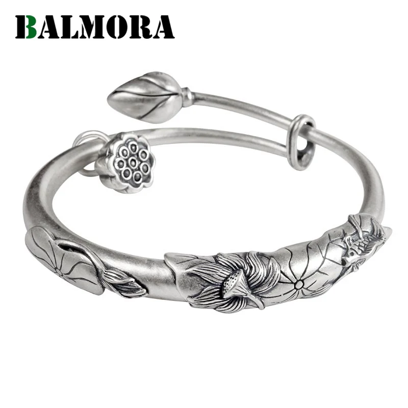 BALMORA 990 чистого серебра цветок лотоса и рыбы браслеты для женщин мать подарок около 19 см регулируемый браслет ювелирные изделия Pulsera