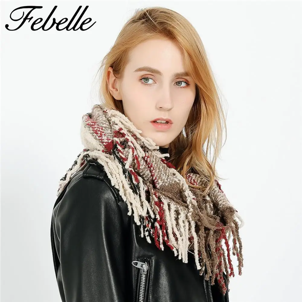Febelle, зимний женский клетчатый шарф, кашемировый вязаный снуд, шарф, теплый, Сарф, бесконечность, шарфы, шейный платок, кольцо, шарф для женщин