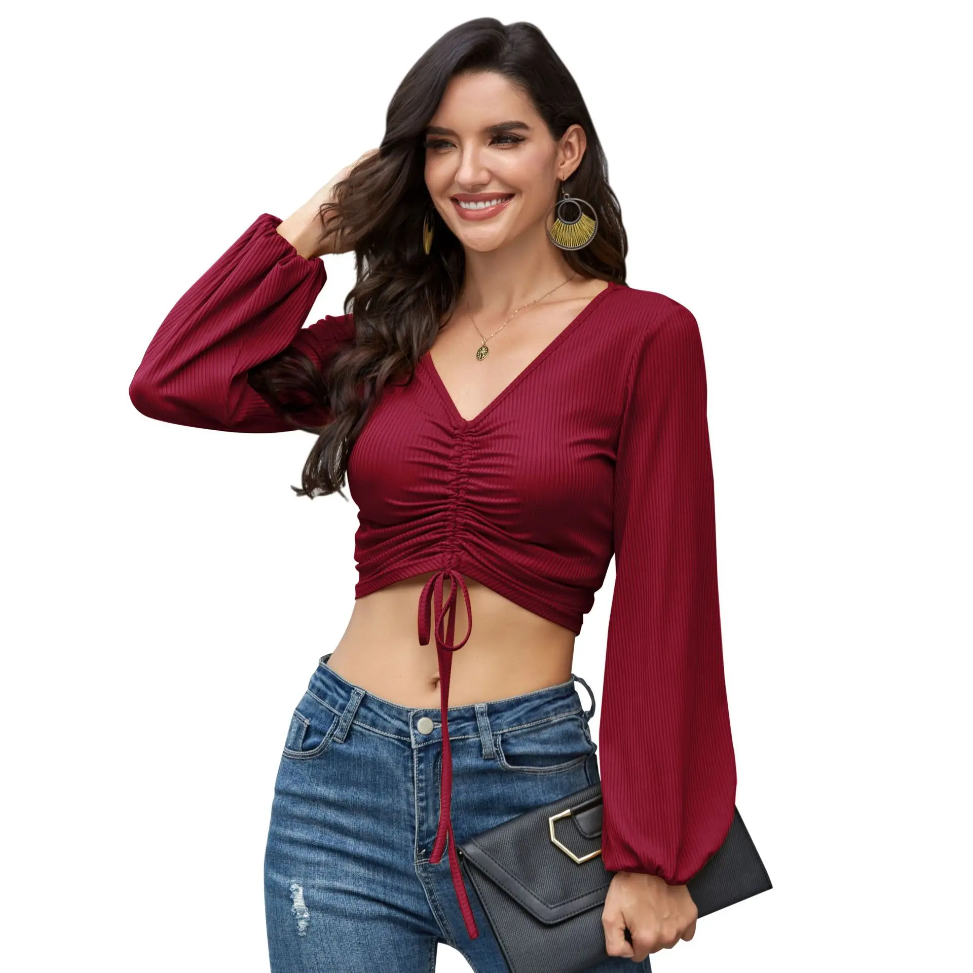 Женская футболка с длинным рукавом глубоким V-образным вырезом | одежда