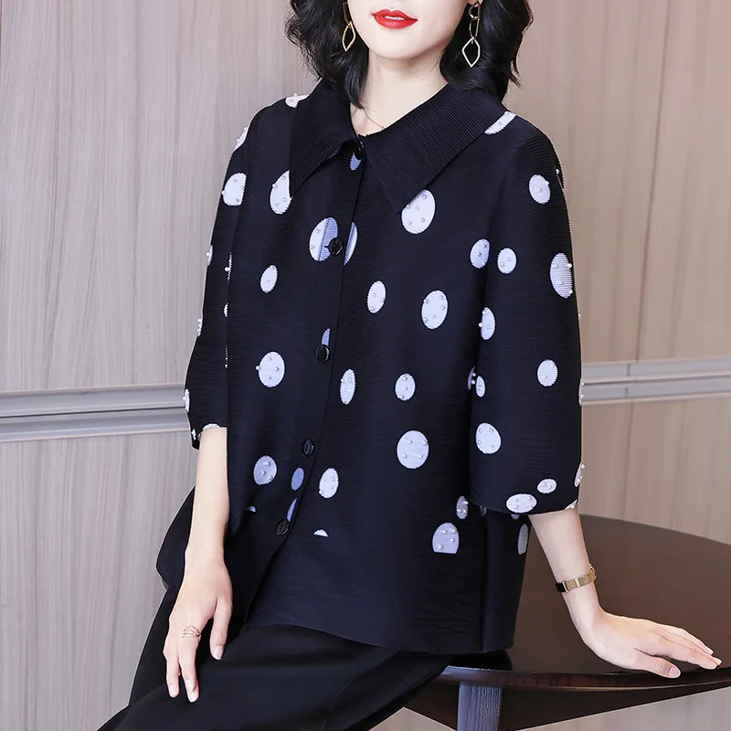 

TVVOVVIN 2021 Spring Summer New Fashion Dot Print Cardigan Casual All-match Laple Pleated Loose Beading Blouse LVG8