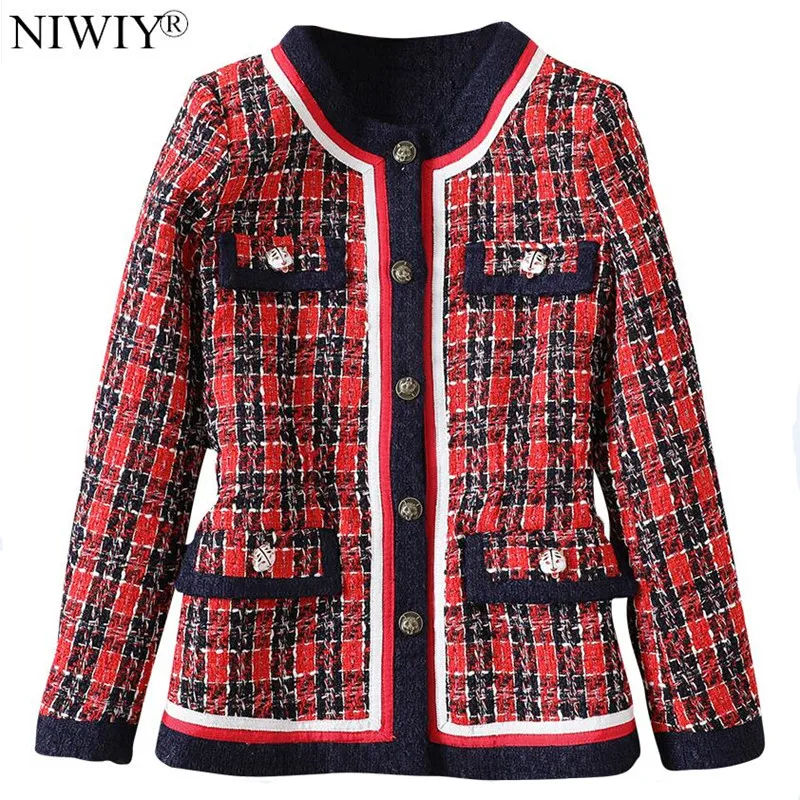 

NIWIY Brand WinterTweed Red Plaid Jacket Women Coat Abrigos Mujer Invierno 2021 Double Classic Long Sleeve Jacket Casacos N8332