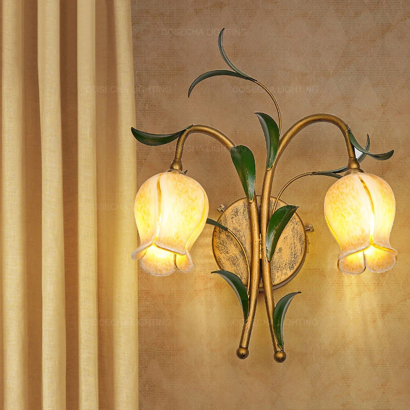 Настенные светильники с цветами и стеклянным оттенком винтажные золотые