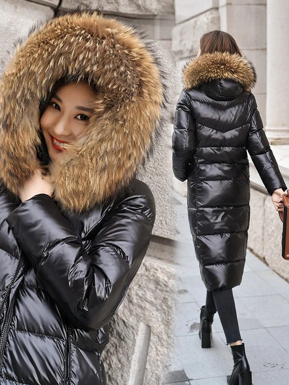 

OLOME Women Long Parka White Down Puffer Thick Hooded Real Mink Fur Collar Winter Coat Warm Parkas Knee Full Length 6XL