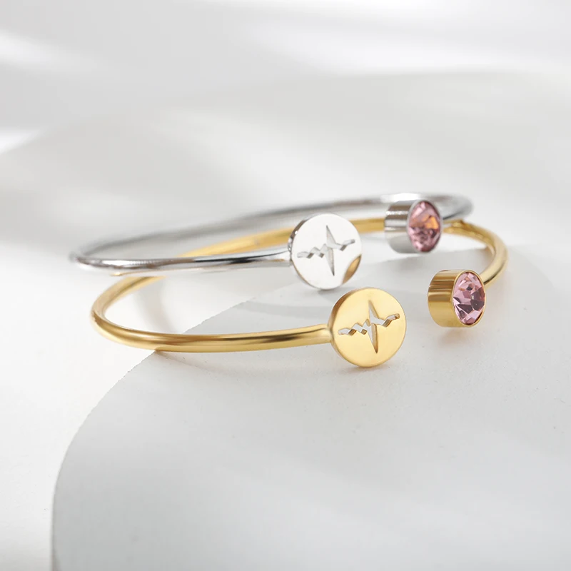 Birthstone Heartbeat Cardiogram Bracelets For Women Bangle Stainless Steel Adjustable Bracelet for Couple Birthday Jewelry Gifts | Украшения