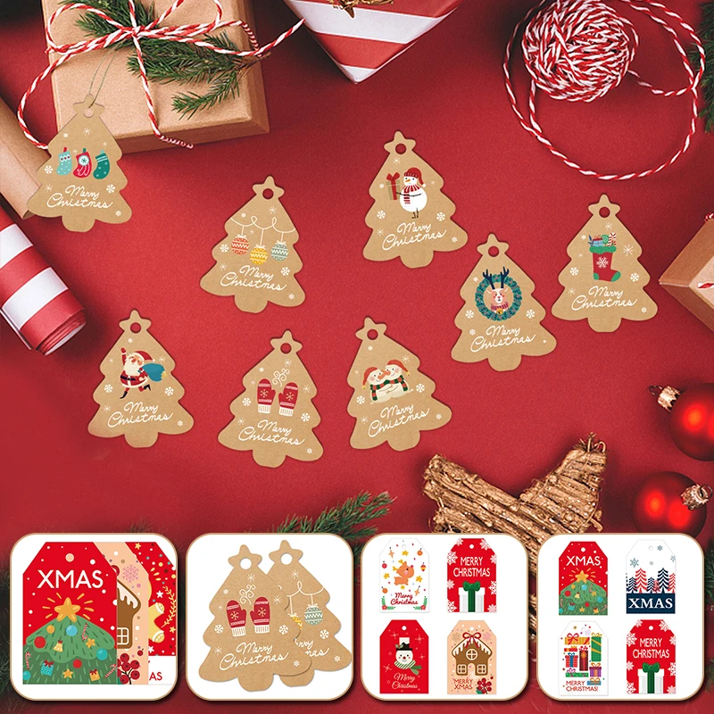 

48Pcs Christmas Cartoon Printing Gift Packaging Tag, Kraft Paper Retro Christmas Tree/Santa Label Decoration, Household Items