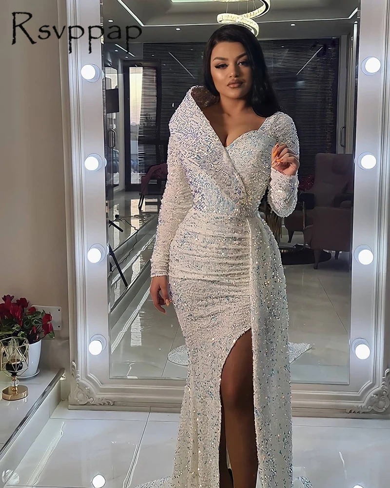 

Dubai Arabian Style Long Formal Women Dress Sexy High Slit Front Sparkly Sequin Long Sleeve White Mermaid Evening Dresses 2021