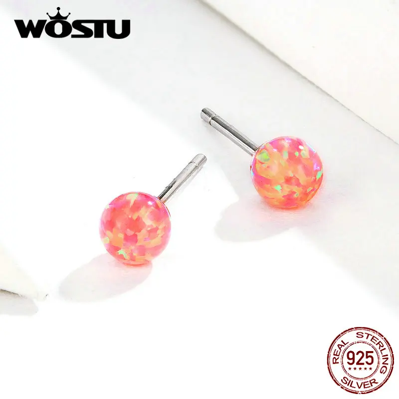 WOSTU Новое поступление опал цветные маленькие серьги 925 пробы серебро для женщин Свадебные Круглые серьги-гвоздики ювелирные изделия FIE752