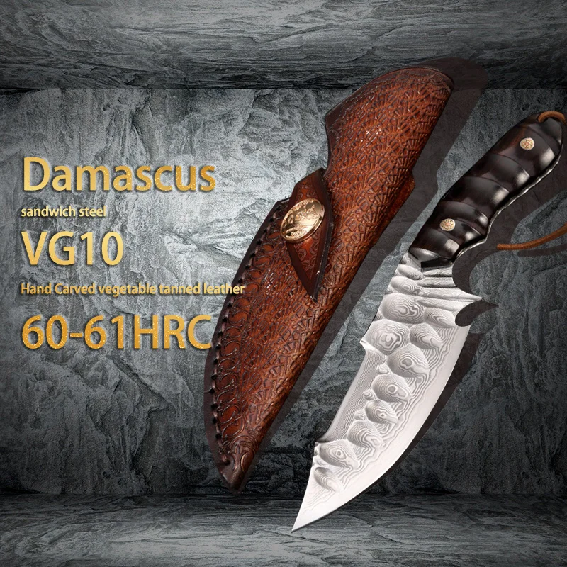 

Hysenss Damascus Sandwich Steel VG10 Ebony Handle Tanned Leather Hunting Knife Utility Self Defense Survival Straight Knife Gift