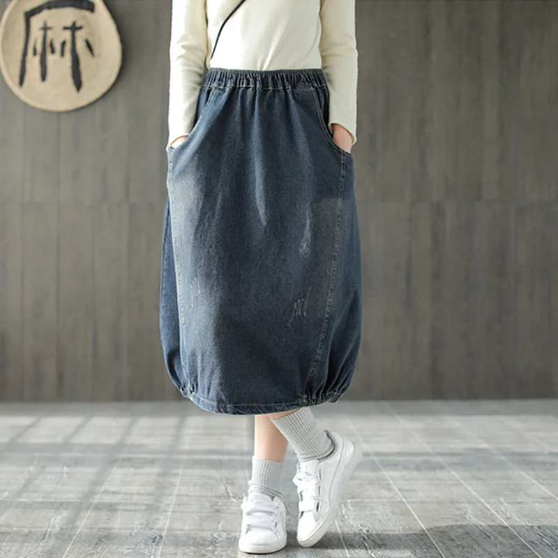 

New Arrival 2022 Spring Pockets Elastic Waist Denim Skirts Women Summer Autumn All-match Bud Skirt Vintage Casual Skirts S444