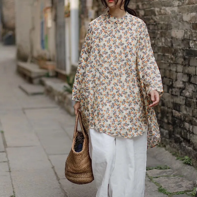 Женские винтажные рубашки с цветочным принтом Johnature льняные блузки со стоячим