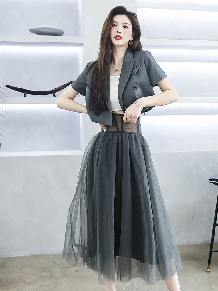 

High Quality Blazer Sets 2021 Summer Women Notched Collar Short Blazer Coats+High Waist Sexy Tulle Mesh Skirt Sets Two Piece
