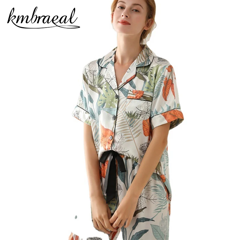 

New Pajamas for Women Emulation Silk Summer Short Sleeve Trousers Pajama Soft Two Piece Set Print Sleepwear Homewear Plus Size