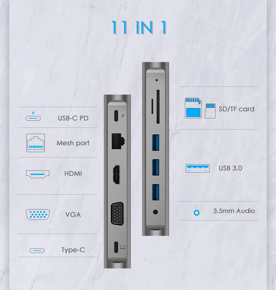 USB-C переносная док-станция с HDMI 1080P VGA, Gigabit Ethernet, кардридер, адаптер Aux, USB3.0, питания, разъем rj45