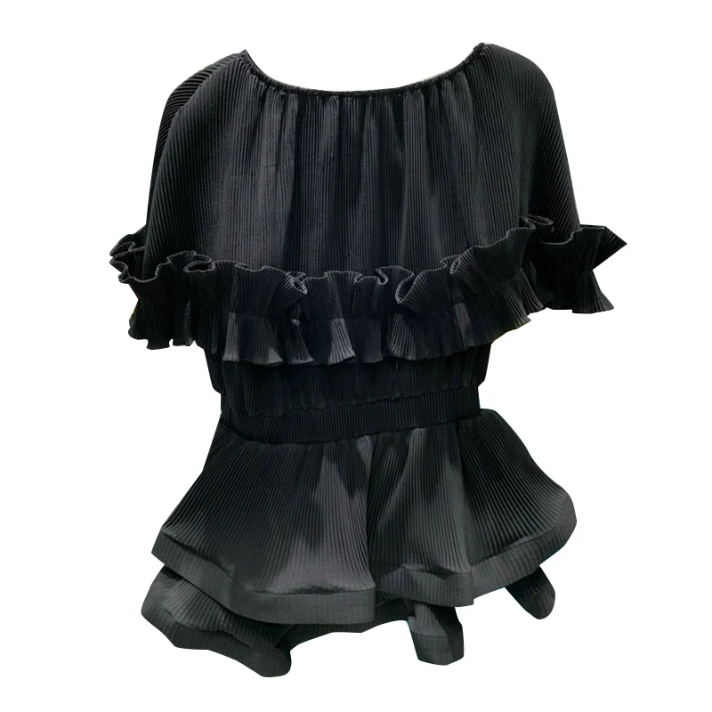 

VGH Elegant Black Shirt For Women O Neck Puff Short Sleeve Patchwork Straight Blouses Female Summer Fashion Clothing 2021 Style