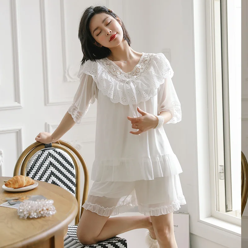 New palace lace pajamas summer fairy suit lace short sleeve shorts mesh nightwear housewear Female sleepwear lounge wear