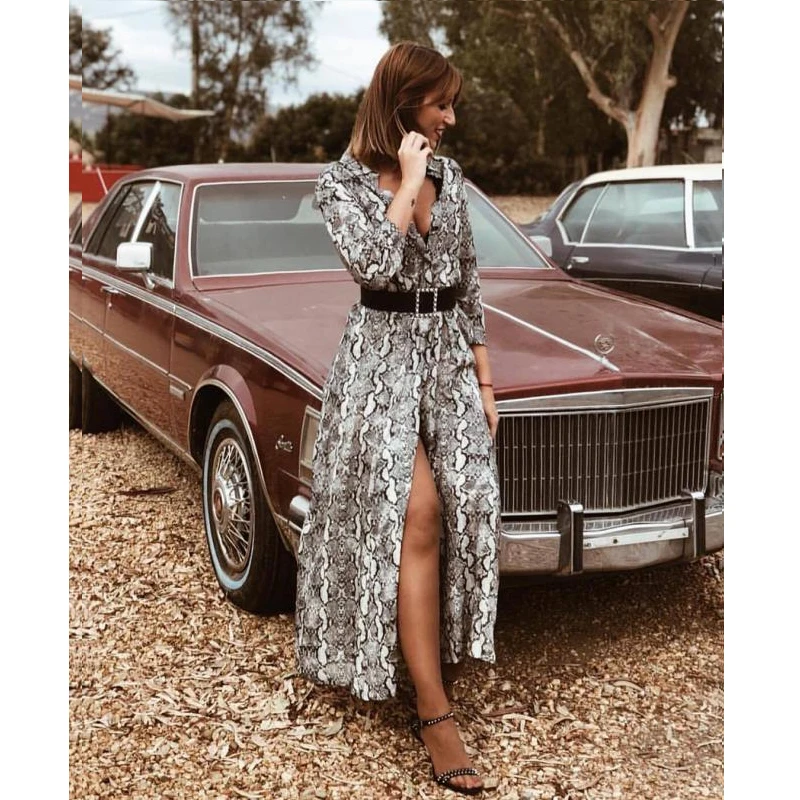 

2020 Womens Snake Print Fashion Dress Elegant Long Sleeve Kimono Cardigan Femme Snakeskin Serpentine Sundress Party Club Dress