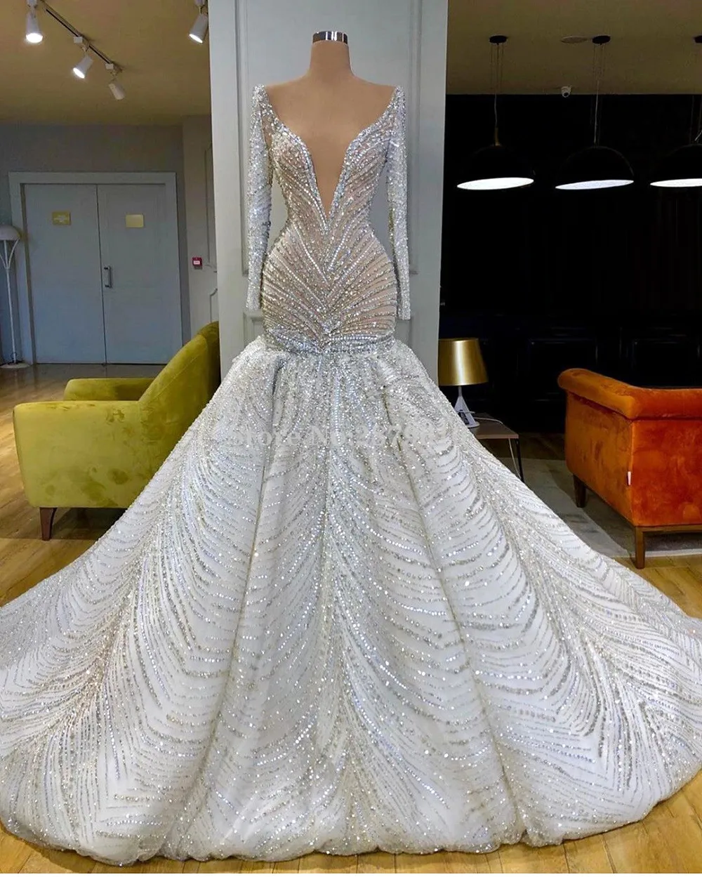 

Sparkly Ivory Mermaid Evening Dresses Long Sleeves Sequins Floor-Length Prom Dress Robe De Soiree Aibye Middle East Formal Dubai