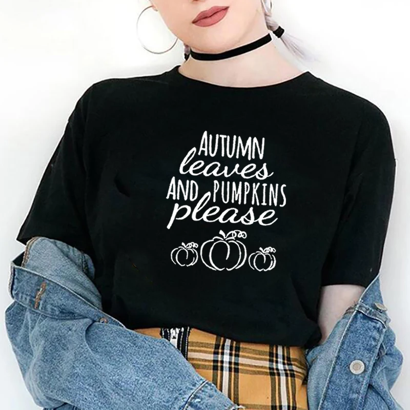 

Autumn Leaves and Pumpkins T Shirt Women Short Sleeve Tshirts Cotton Women O-neck Loose Tee Shirt Femme Black Camisetas Mujer