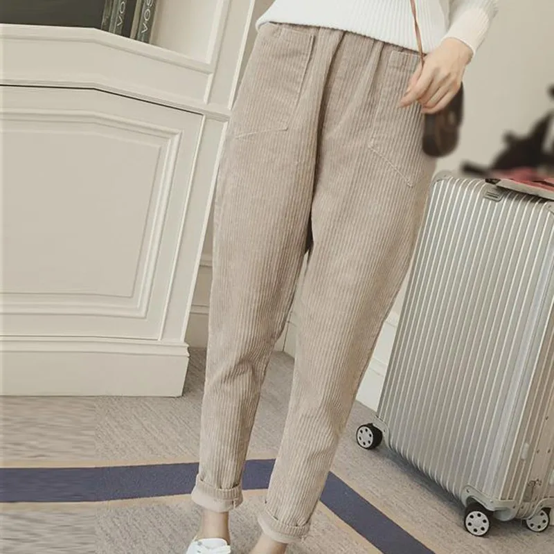 Осенне зимние однотонные вельветовые шаровары для женщин модные повседневные