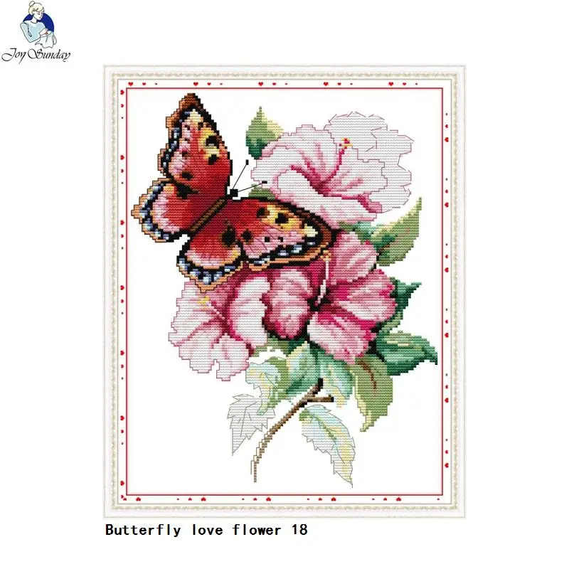 Joy Sunday Butterfly Love Flower (18) Pink Flower Pattern Count Cross Stitch Kit 14ct 11ct Needlework Embroidery Set Handicrafts