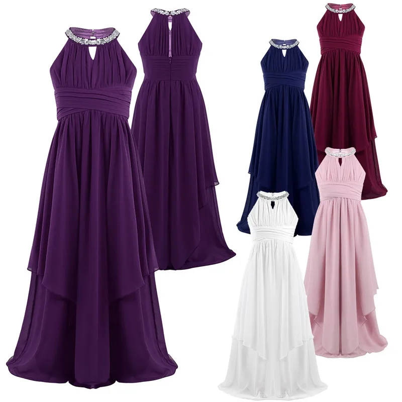 

Floor Length Bridesmaid Dress Sleeveless Sequined Halter Chiffon High Waist Flower Kids Girls Princess Dress For Wedding Party