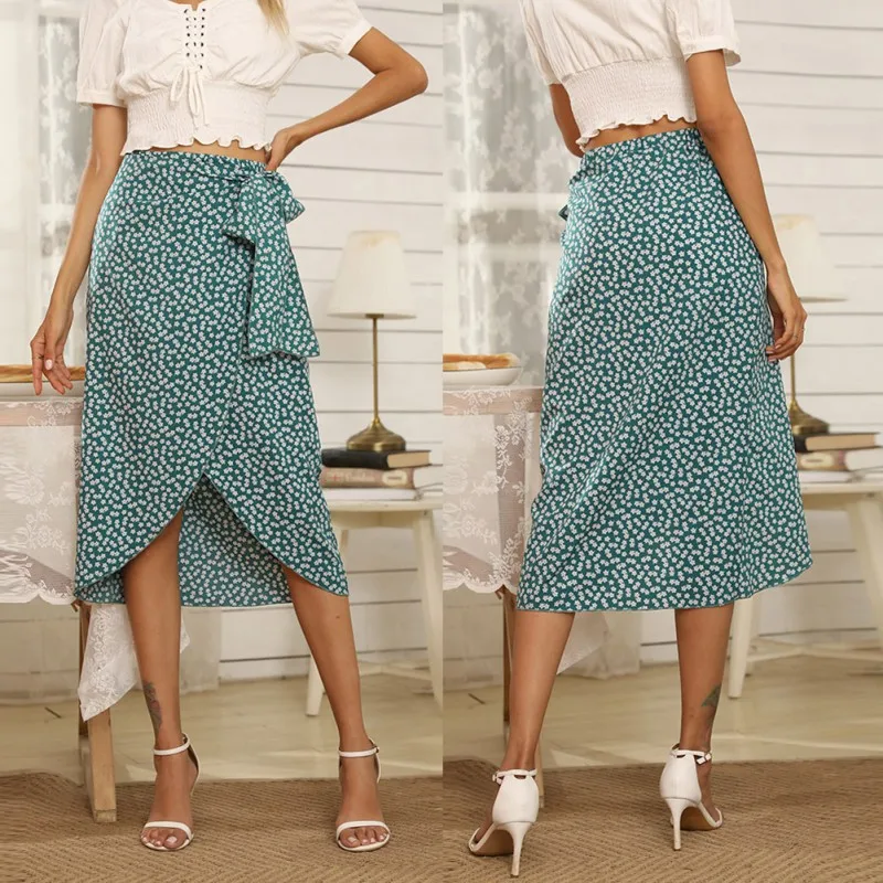 

Sexy Split Bandage Wrap A-line Skirt Women Office Lady Elegant Flower Print Skirt Vintage Sweet Irregular Lace Up Skirt Bottom