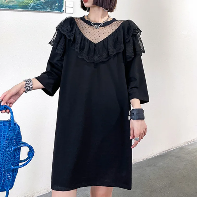 

Женское модное платье XUXI, облегающие черные кружевные платья с прострочкой, уличная одежда, пуловер с рукавом в семи точек, мини-юбка, лето ...