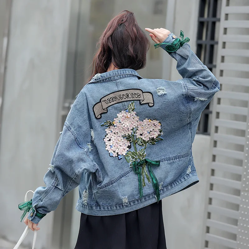 Женская джинсовая куртка повседневные плотные джинсы с карманами и вышивкой 3D