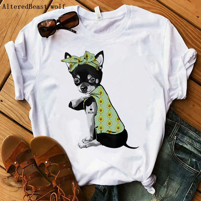 

2021 Chihuahua Mom Tshirt Women Summer Harajuku I Love Mom Avocado Bandana Print T-shirt Funny Short Sleeve dog T Shirt Clothes